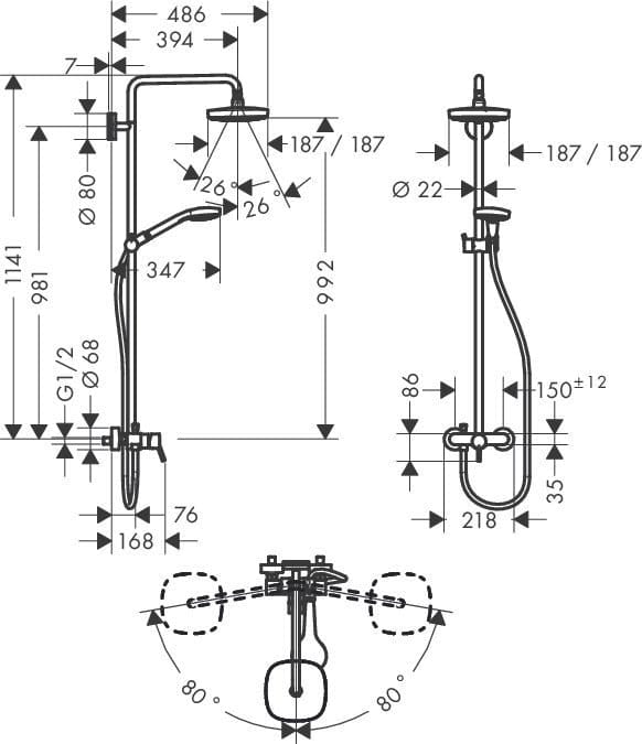 Душевая стойка hansgrohe Croma Select E 180 2jet Showerpipe 27258400