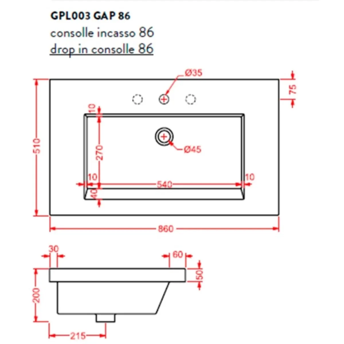Раковина 86x51 см Artceram Gap GPL003 01 00 bi*1