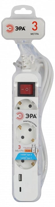 Удлинитель с выключателем Эра  UB-3es-3m-USB