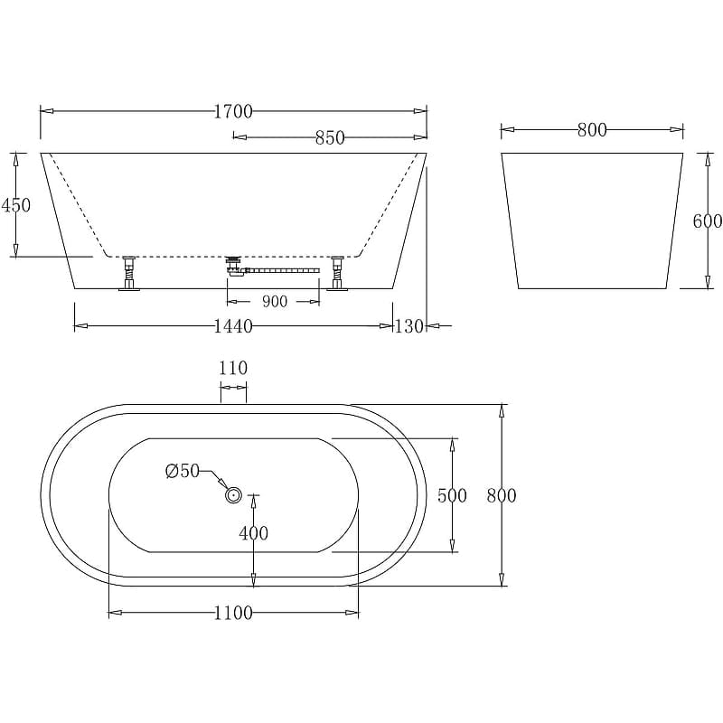 Акриловая ванна BelBagno 170x80 BB71-1700-NERO-W0 черно-белая