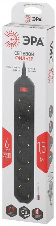Удлинитель с выключателем Эра  USF-6es-1,5m-B-BOX