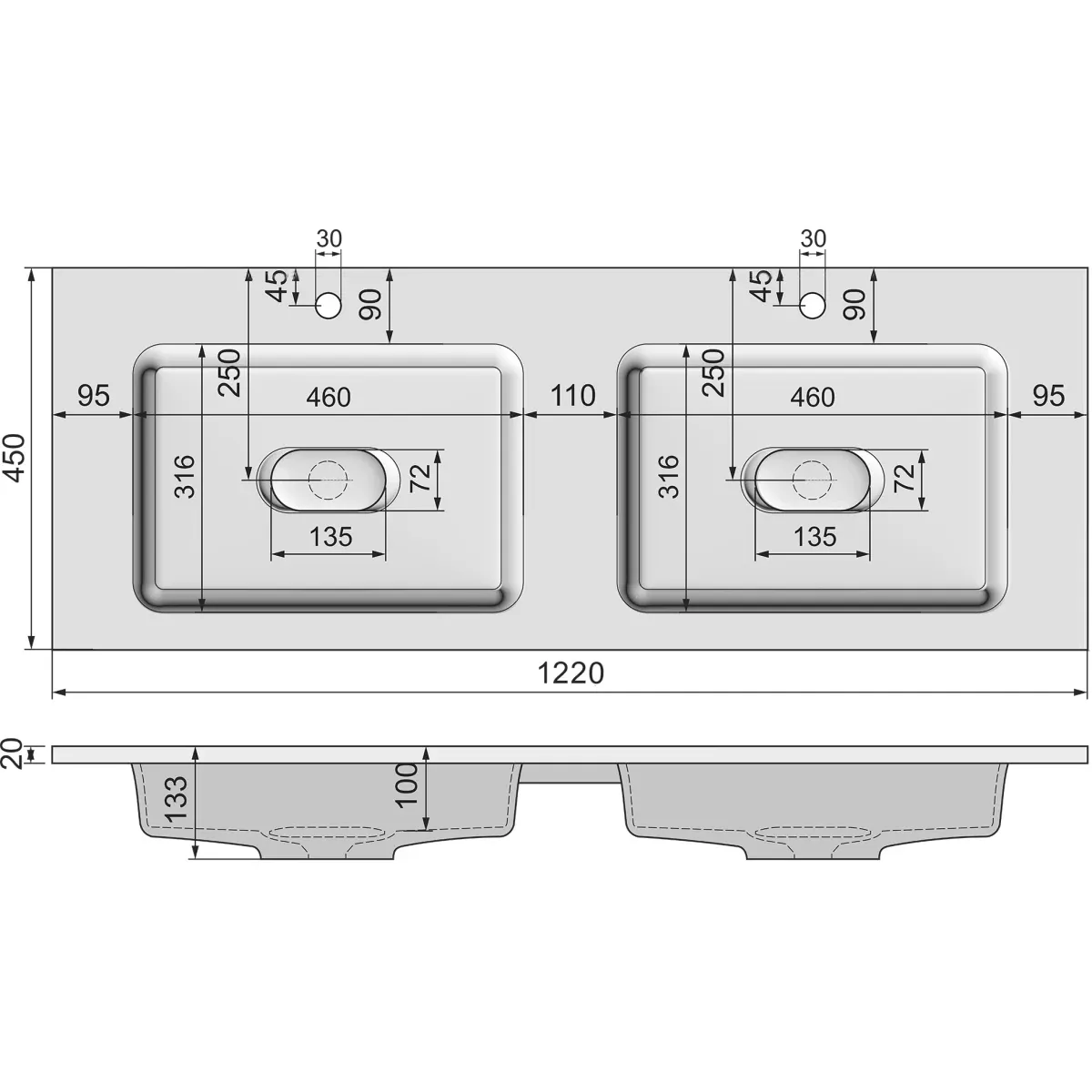 Раковина 122x45 см Jorno Modul Mol.08.120/W
