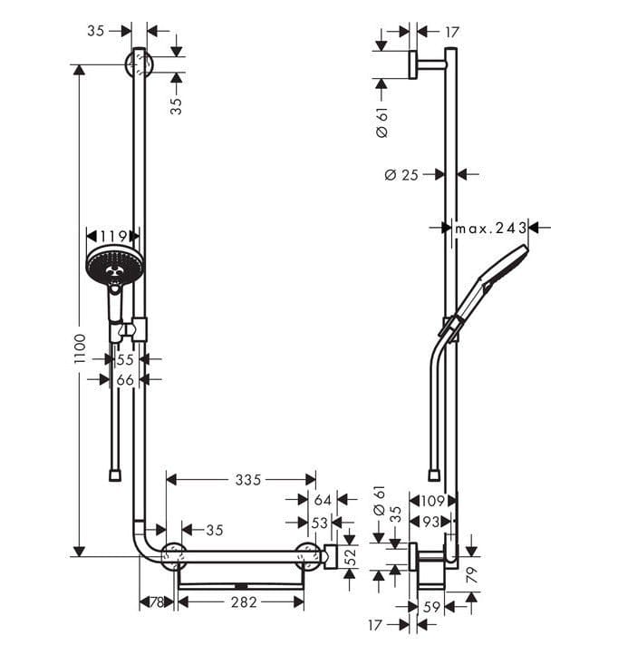 Душевой набор hansgrohe Raindance Select S 120 3jet 26324400 со штангой 110 см левосторонний