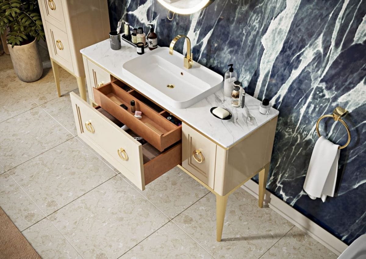 Тумба с раковиной Bagno Piu Tribeca 140 матовый капучино/золото