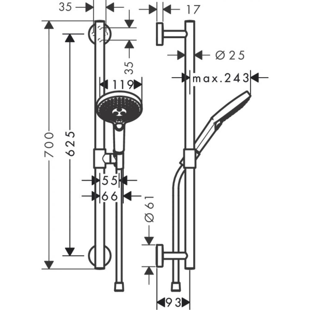 Душевой набор hansgrohe Raindance Select S 120 3jet 26320000 со штангой 65 см правосторонний