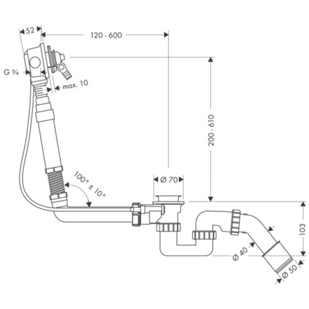 Скрытая часть излива на ванну hansgrohe Exafill 58126180 с набором для слива и перелива для нестандартных ванн