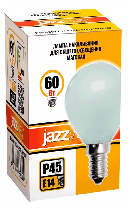 Лампа накаливания Jazzway  E14 60Вт 2700K P45 240V 60W E14 frosted