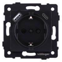 Розетка с заземлением и со шторкой и 2хUSB type A и C, без рамки Kollinger  REA-004BM