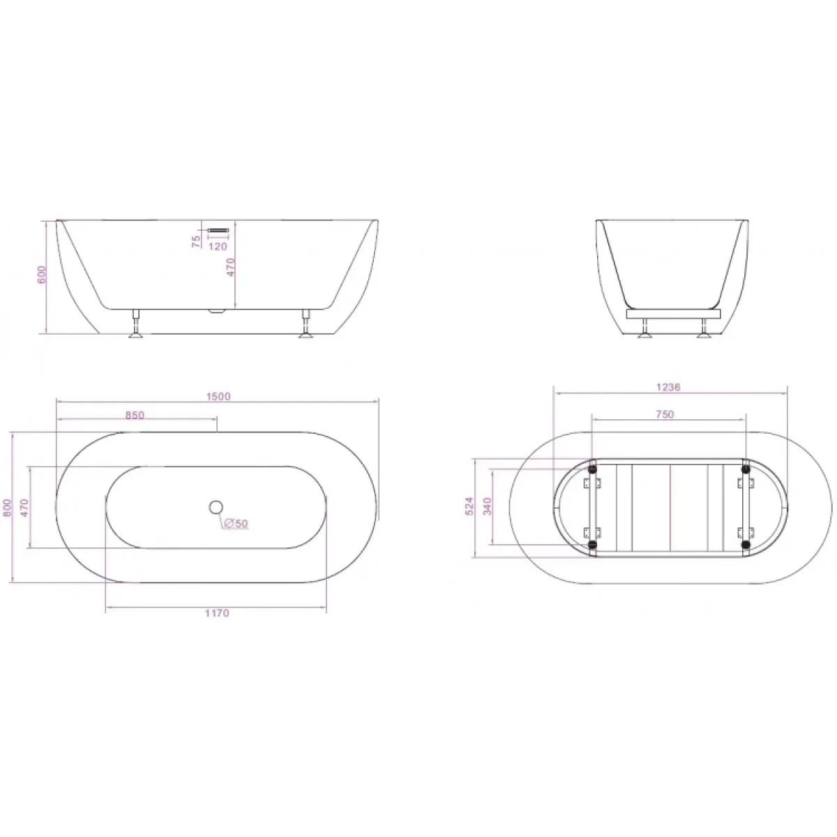 Акриловая ванна BelBagno BB70-1500-800-W/NM 150x80 см, отдельностоящая, черный матовый/белый