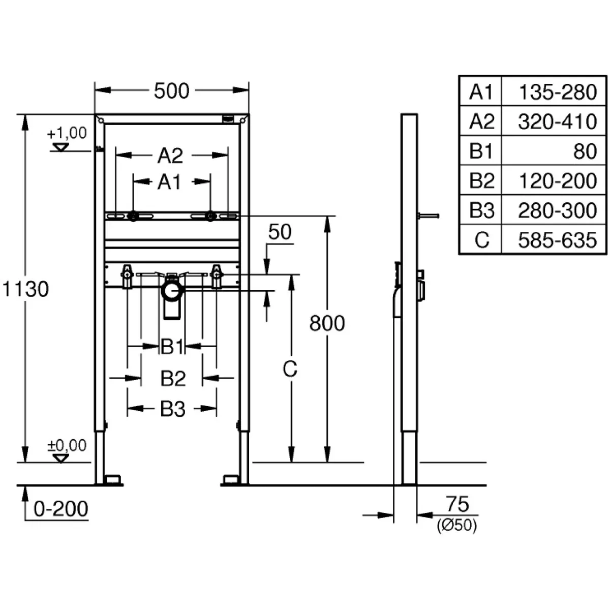Монтажный элемент для раковины, 1130 мм Grohe Rapid SL 38554001