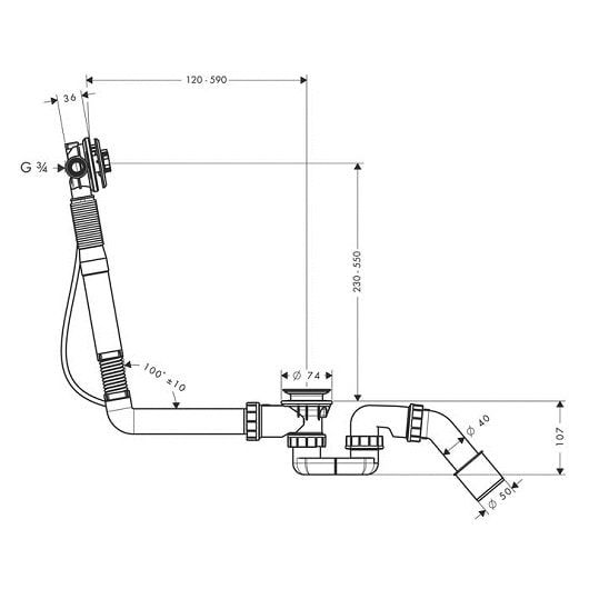 Скрытая часть излива hansgrohe Exafill S 58116180 на ванну с набором для слива и перелива для нестандартных ванн