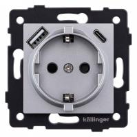 Розетка с заземлением и со шторкой и 2хUSB type A и C, без рамки Kollinger  REA-004GY