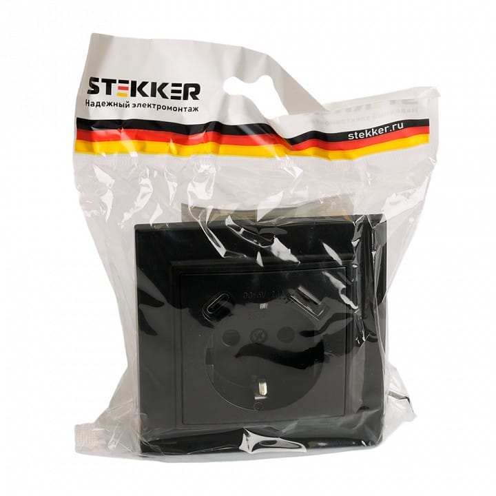 Розетка с заземлением и 2хUSB type A и C, без рамки Stekker Эрна 50078