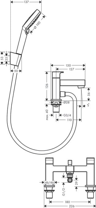 Смеситель на край ванны hansgrohe Vernis Shape 71462670 на 2 отверстия и ручной душ