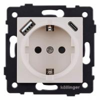 Розетка с заземлением и со шторкой и 2хUSB type A и C, без рамки Kollinger  REA-004CM