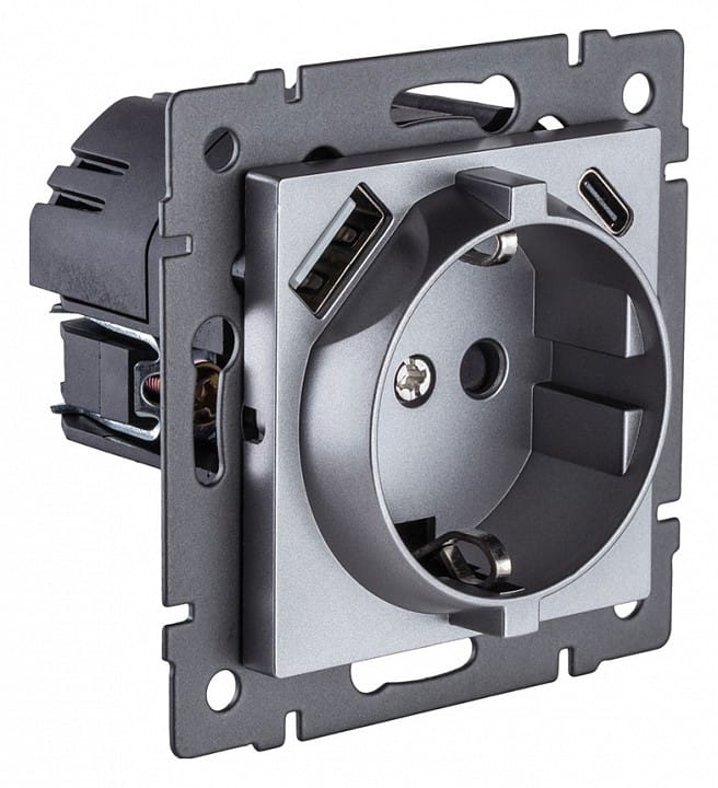 Розетка с заземлением и со шторкой и 2хUSB type A и C, без рамки Kollinger  REA-004GY