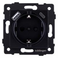 Розетка с заземлением и со шторкой и 2хUSB type A и C, без рамки Kollinger  REA-004BK
