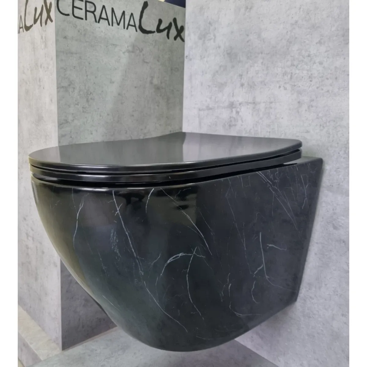 Унитаз подвесной CeramaLux 2212BM безободковый, с сиденьем микролифт, черный мрамор