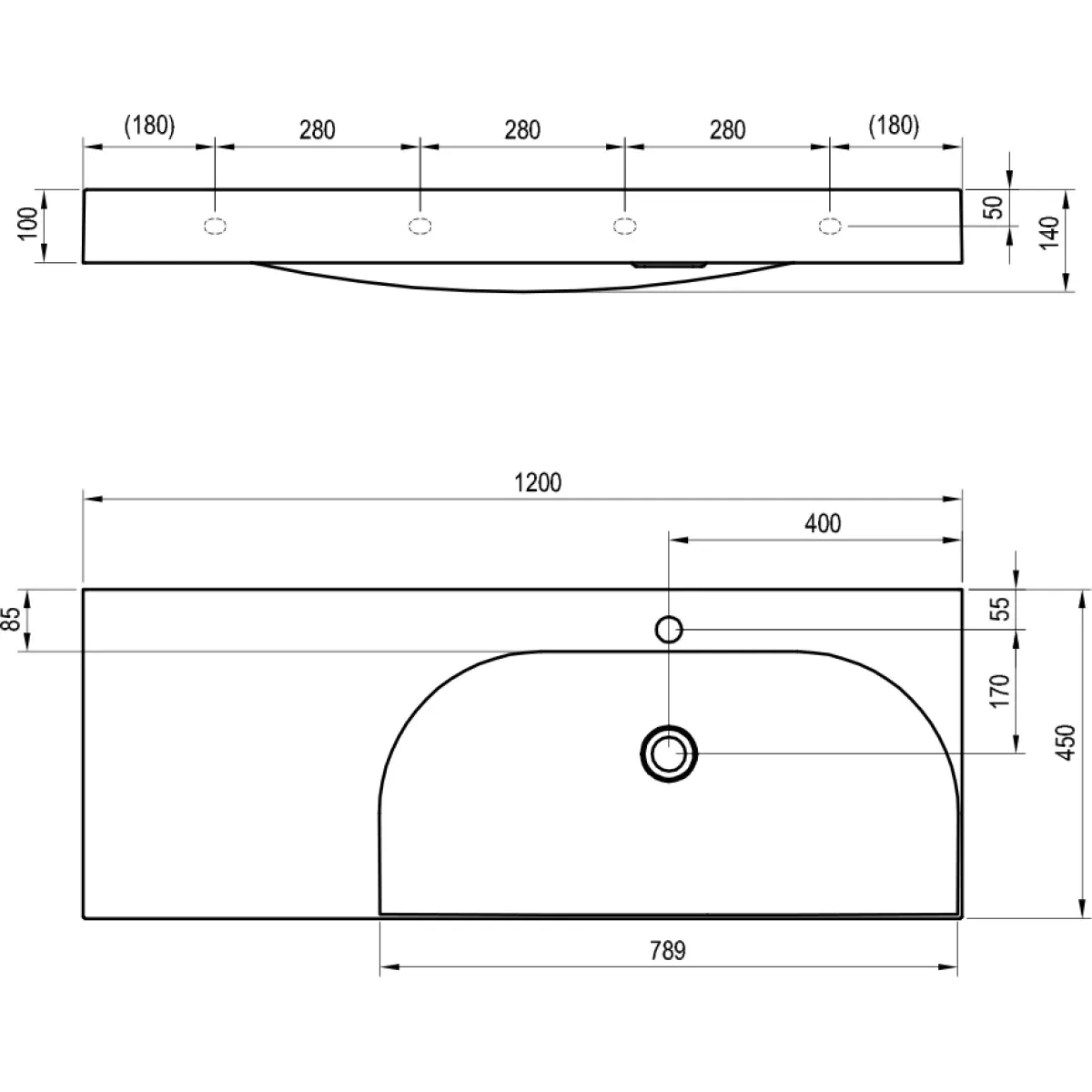 Раковина Ravak Lite XJXL1212000 120x45 см L, накладная, подвесная, белый