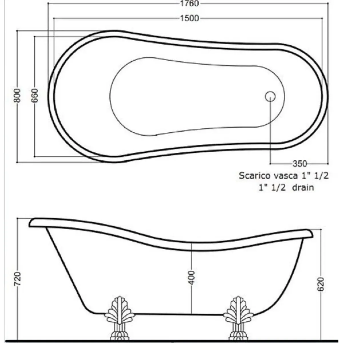 Ванна из литьевого мрамора Tiffany World TW176bi/cr 176x80 см, отдельностоящая, белый
