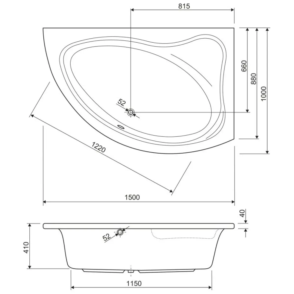 Акриловая ванна 150x100 см R Cezares Tebe TEBE-150-100-41-R