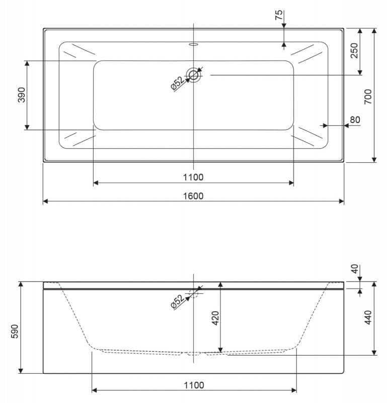 Акриловая ванна Cezares Plane Mini 160x70 PLANE MINI-160-70-42-W37