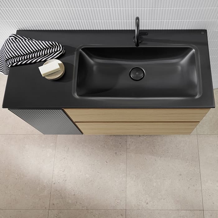 Тумба с раковиной Burgbad Accura 112 SGVI111R F6077 C0038 левая натуральный дуб/антрацит/черный матовый