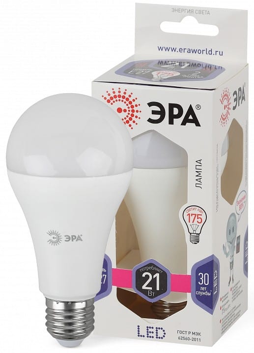 Лампа светодиодная Эра Стандарт E27 21Вт 6000K LED A65-21W-860-E27