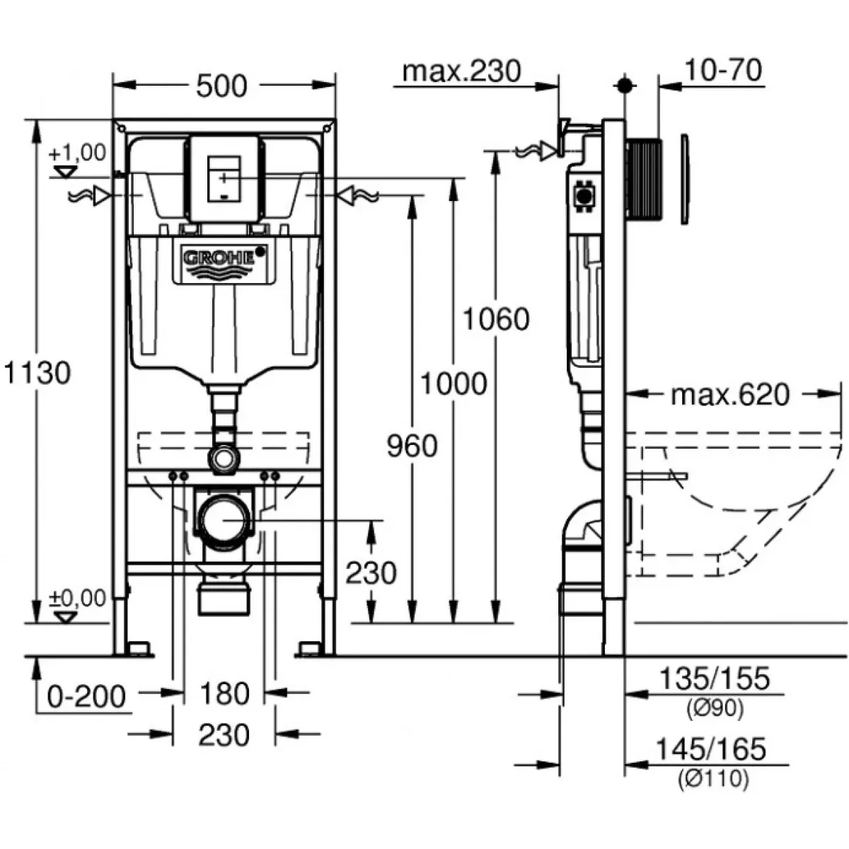 Инсталляция для унитаза Grohe Rapid SL 38827000 с кнопкой смыва, хром