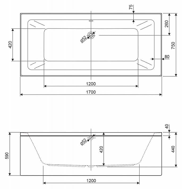 Акриловая ванна Cezares Plane Mini 170x75 PLANE MINI-170-75-42-W37