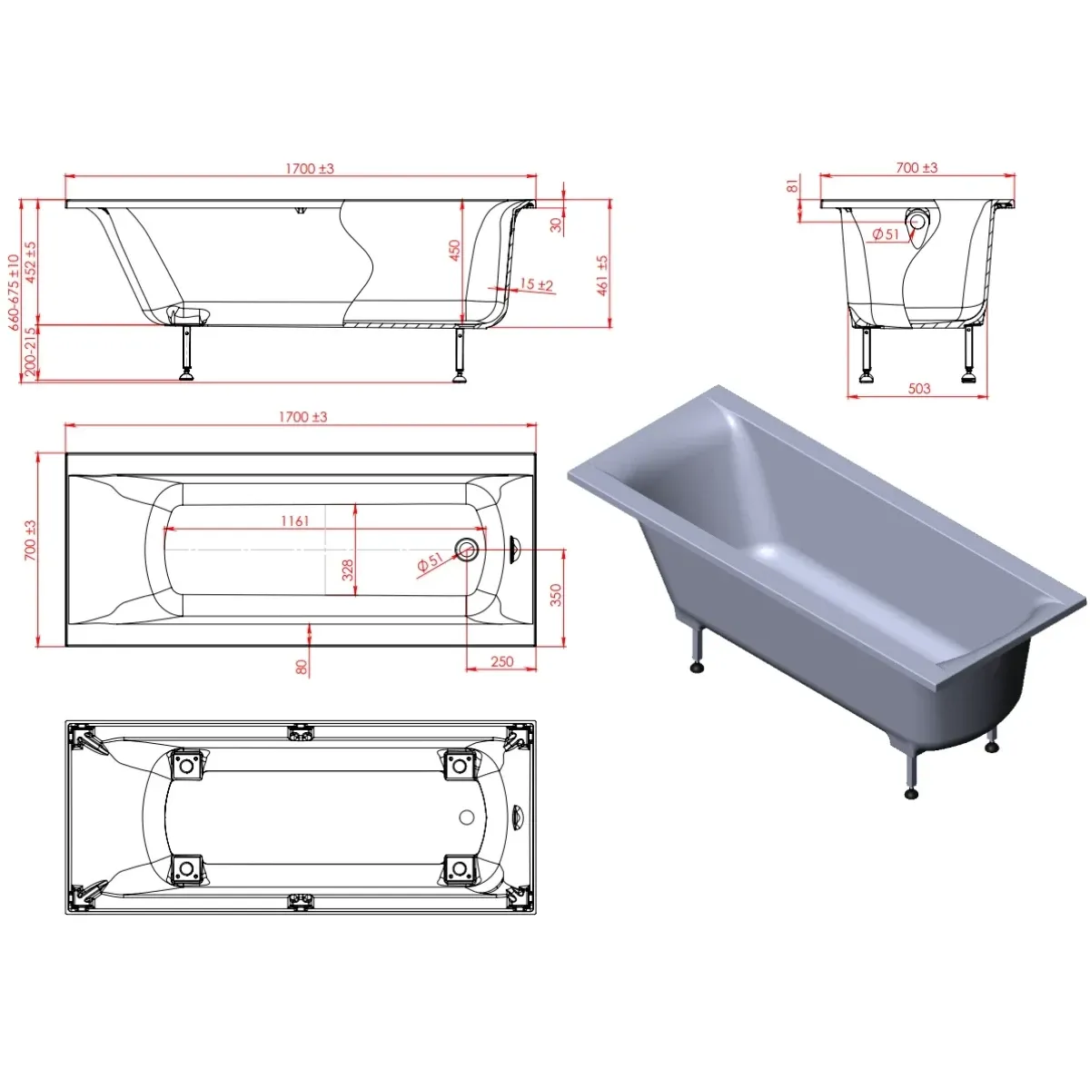 Ванна из литьевого мрамора Astra-Form Нью-Форм Solid Surface 01010059 170x70 см, белый матовый