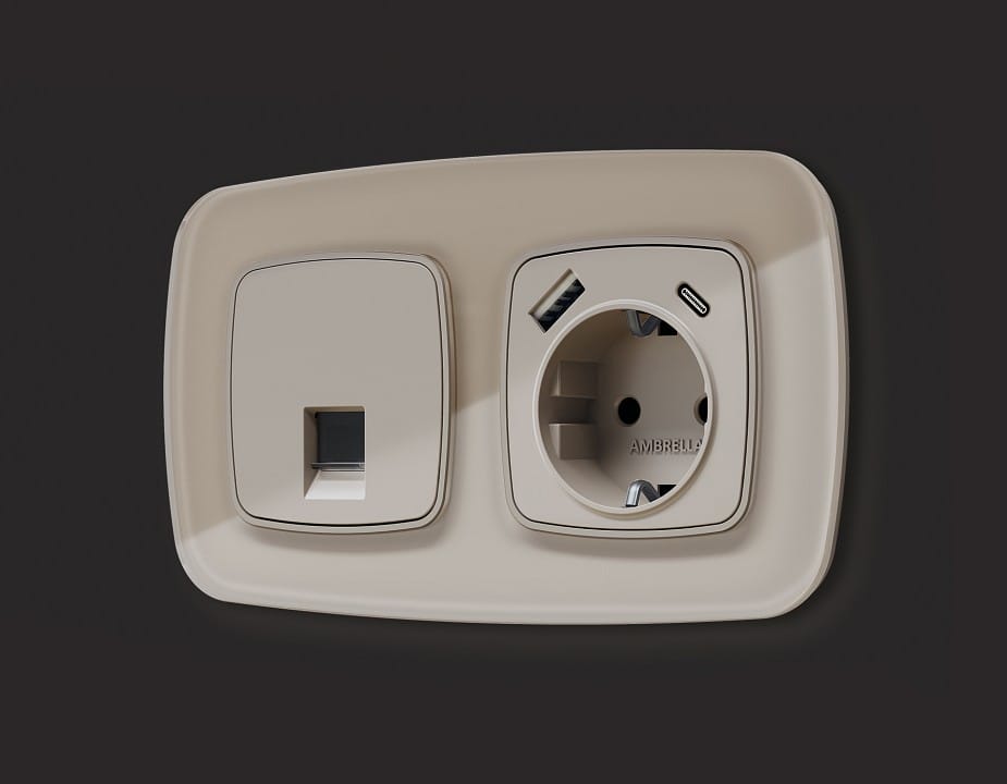 Накладка для розетки с заземлением и со шторками и 2хUSB type A и C Ambrella Volt OMEGA OP3700