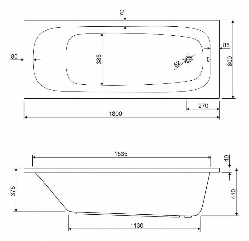 Акриловая ванна Cezares Eco 180x80 ECO-180-80-41-W37