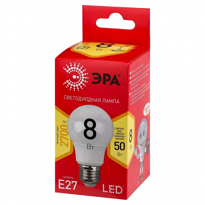 Лампа светодиодная Эра  E27 8Вт 2700K LED A55-8W-827-E27 R