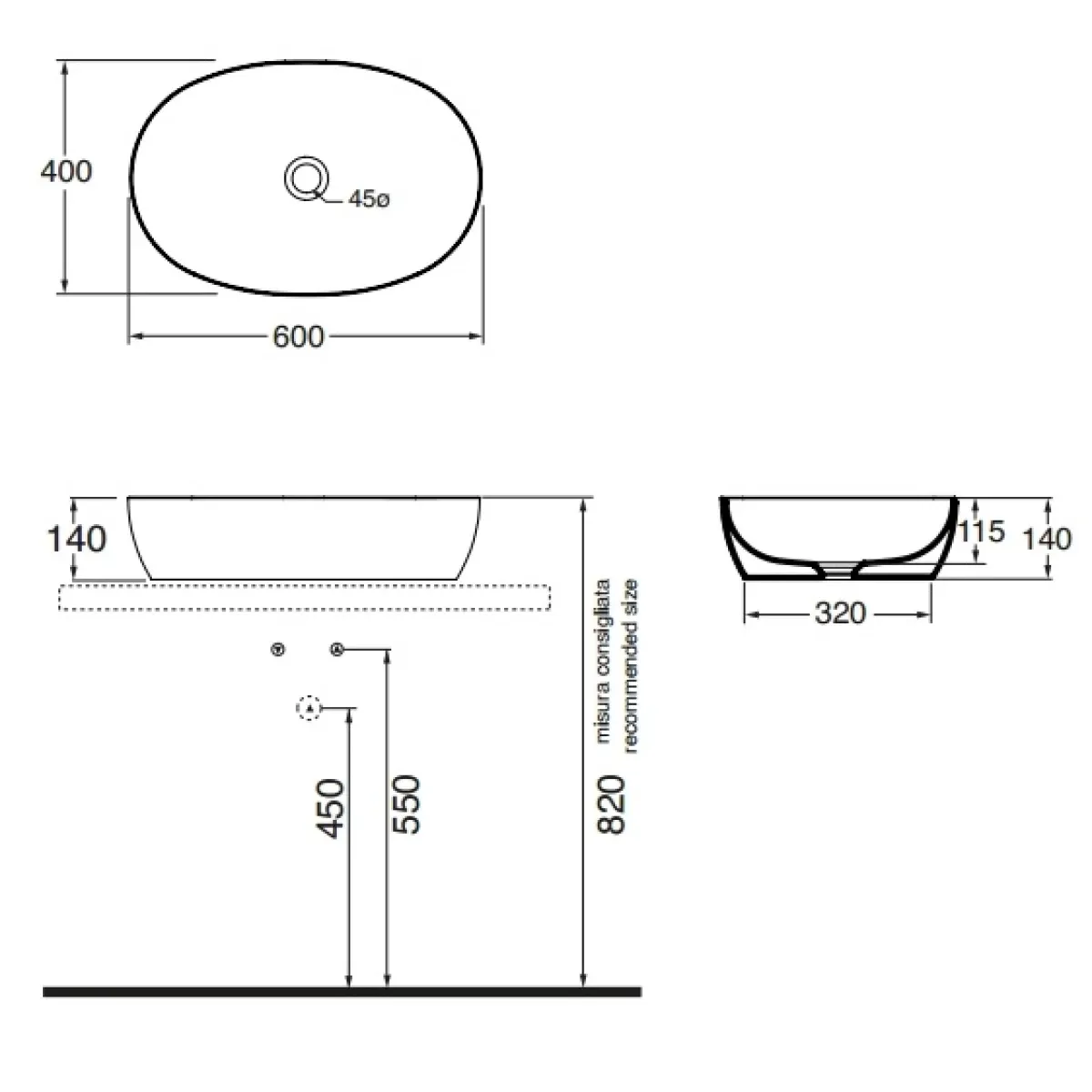 Раковина чаша 60x40 см Azzurra Elegance Circle ELLA060400C0BI/(ECI60 bi*0)