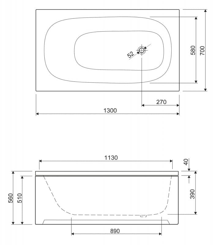 Акриловая ванна Cezares Eco 130x70 ECO-130-70-40-W37