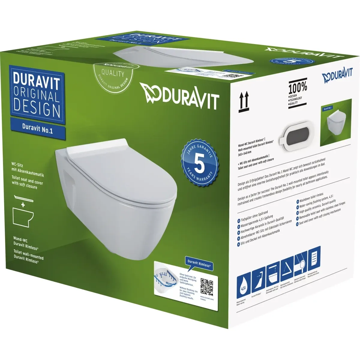Унитаз подвесной Duravit No.1 45820900A1 безободковый, с сиденьем микролифт, альпийский белый