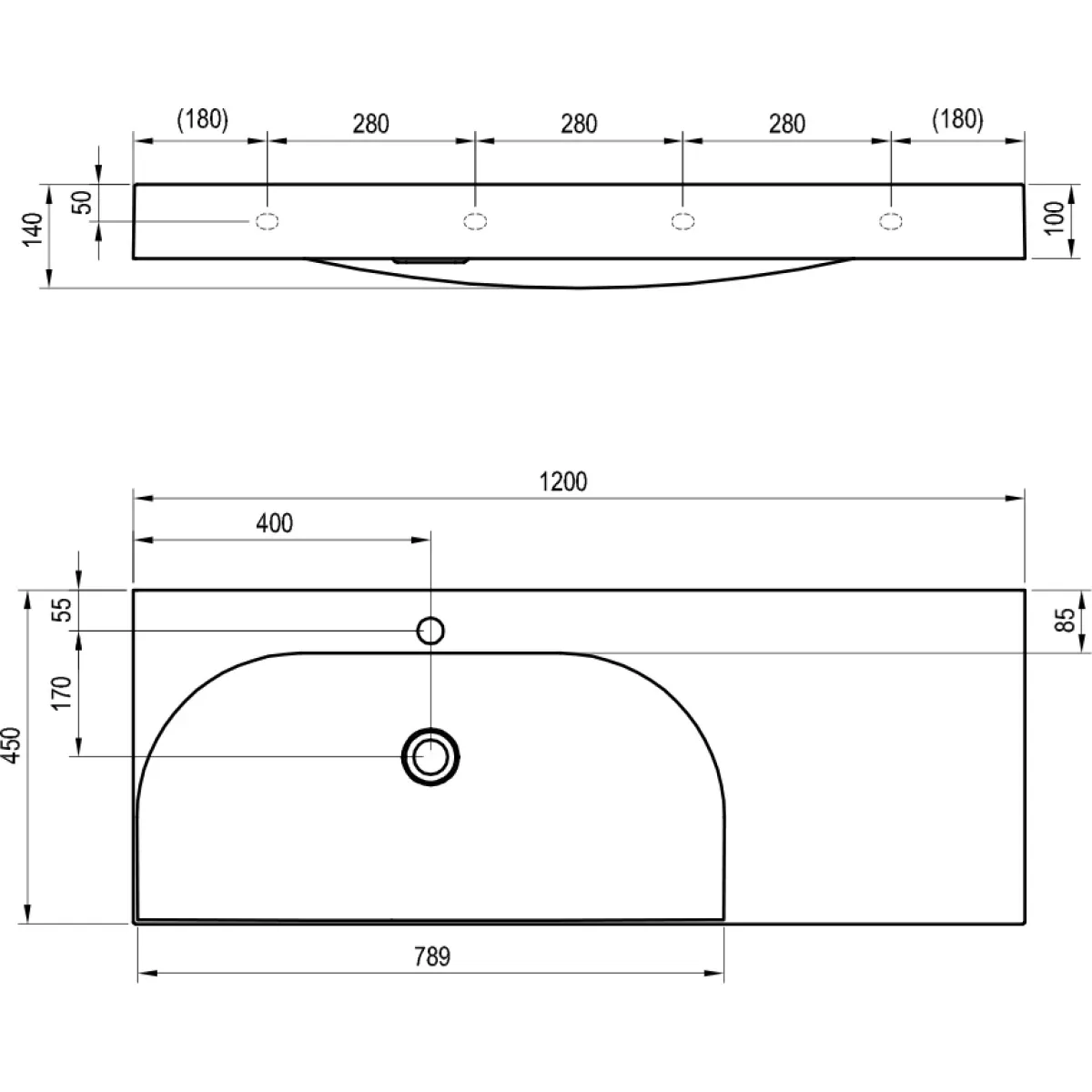 Раковина Ravak Lite XJXP1212000 120x45 см R, накладная, подвесная, белый