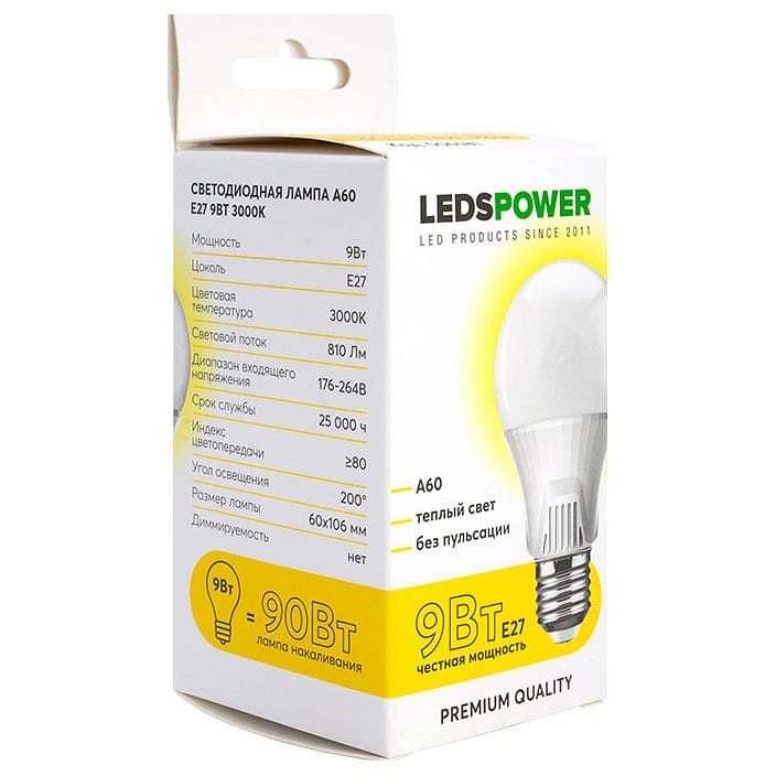 Лампа светодиодная LEDS POWER A60 E27 9Вт 3000K 006581