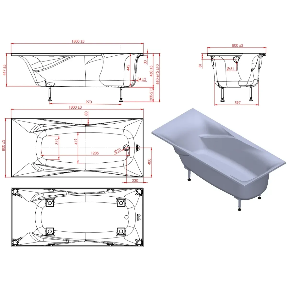 Ванна из литьевого мрамора Astra-Form Вега Люкс Solid Surface 01010070 180x80 см, белый матовый