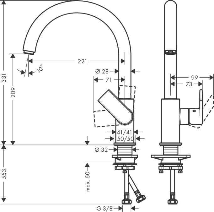 Смеситель для кухни hansgrohe Vernis Shape M35 71871670 260 с поворотным изливом матовый черный