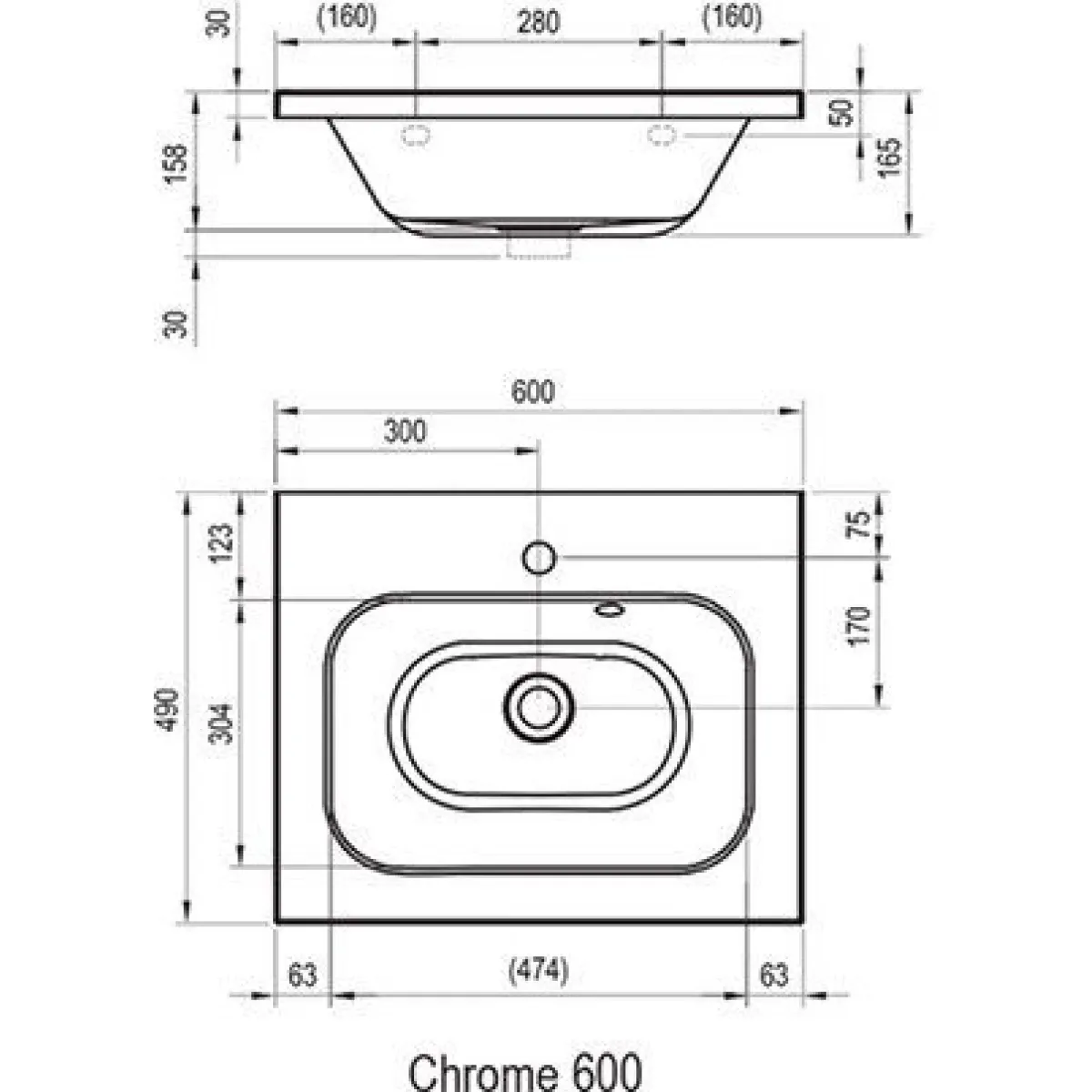 Умывальник 60 см Ravak Chrome 600 со скрытым переливом XJG01260000