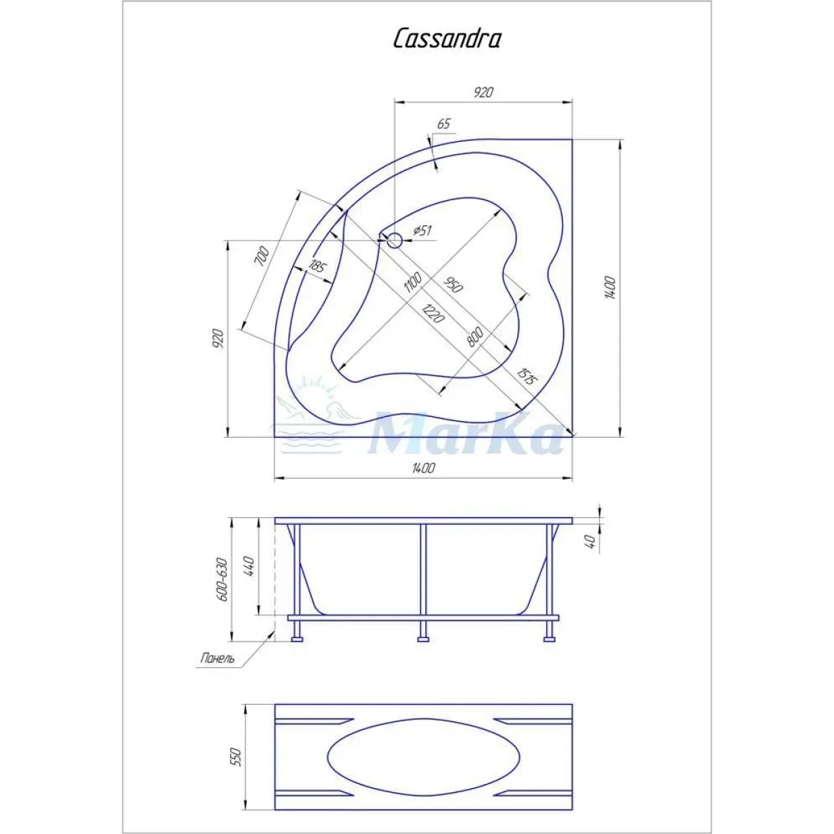 Акриловая ванна 140x140 см 1Marka Cassandra 01кас1414