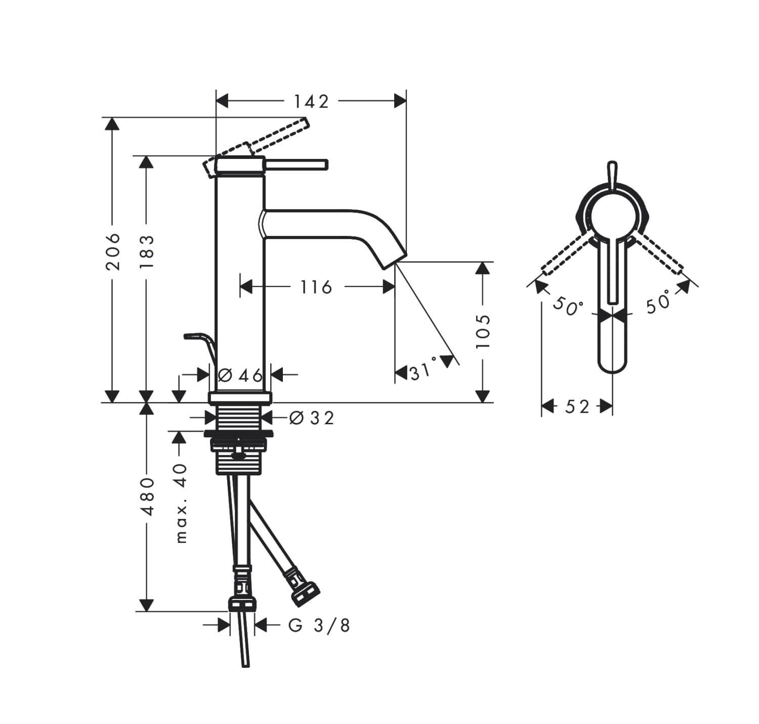 Смеситель для раковины hansgrohe Tecturis S 73310000 со сливным гарнитуром