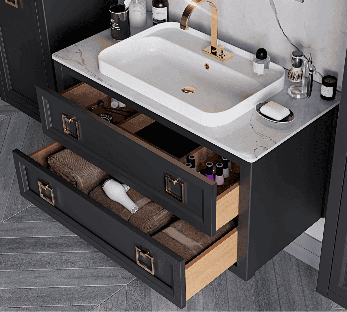 Тумба с раковиной Bagno Piu Vintage 107 матовый антрацит/золото