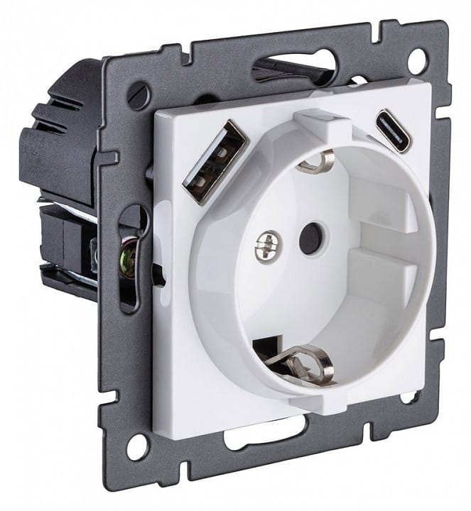 Розетка с заземлением и со шторкой и 2хUSB type A и C, без рамки Kollinger  REA-004WH