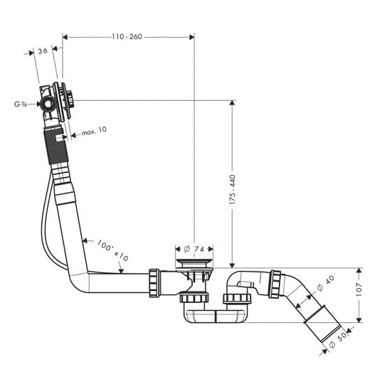 Скрытая часть излива hansgrohe Exafill S 58115180 на ванну с набором для слива и перелива для стандартных ванн