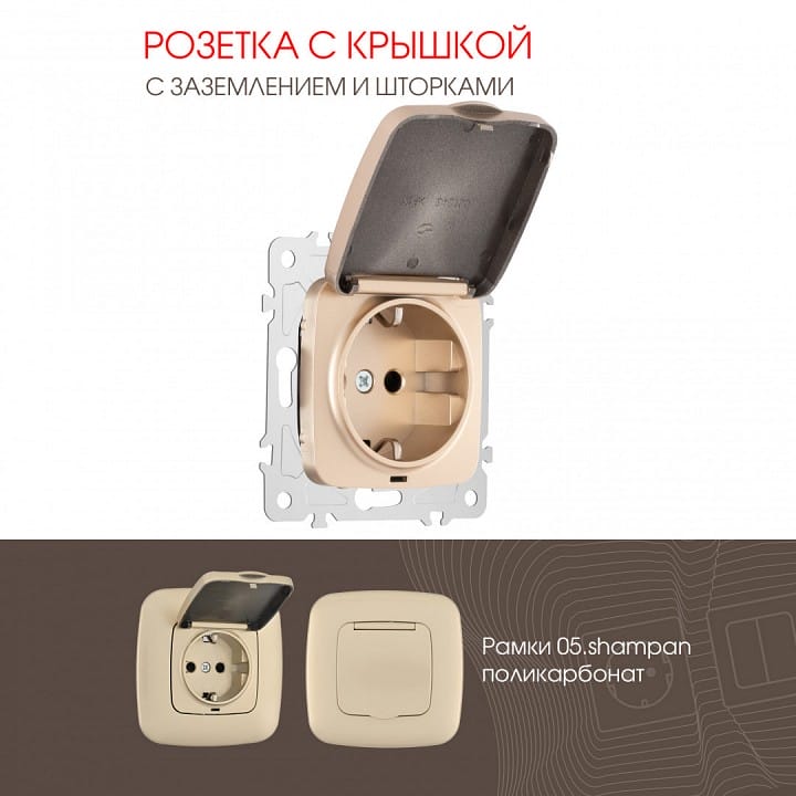 Розетка влагозащищенная с заземлением и со шторкой с крышкой Arte Milano am-205 205.41-1.shampan