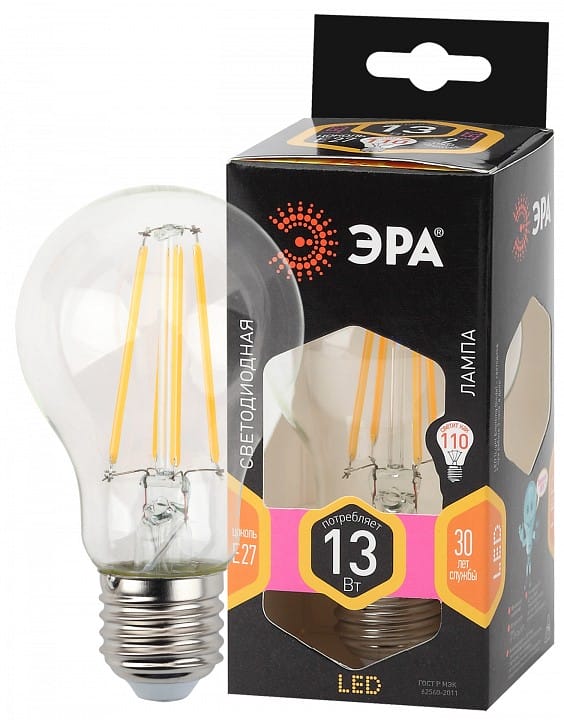 Лампа светодиодная Эра F-LED E27 13Вт 2700K F-LED A60-13W-827-E27