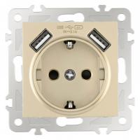 Розетка с заземлением и со шторкой и 2хUSB без рамки Arte Milano am-206 206.47-1.shampan
